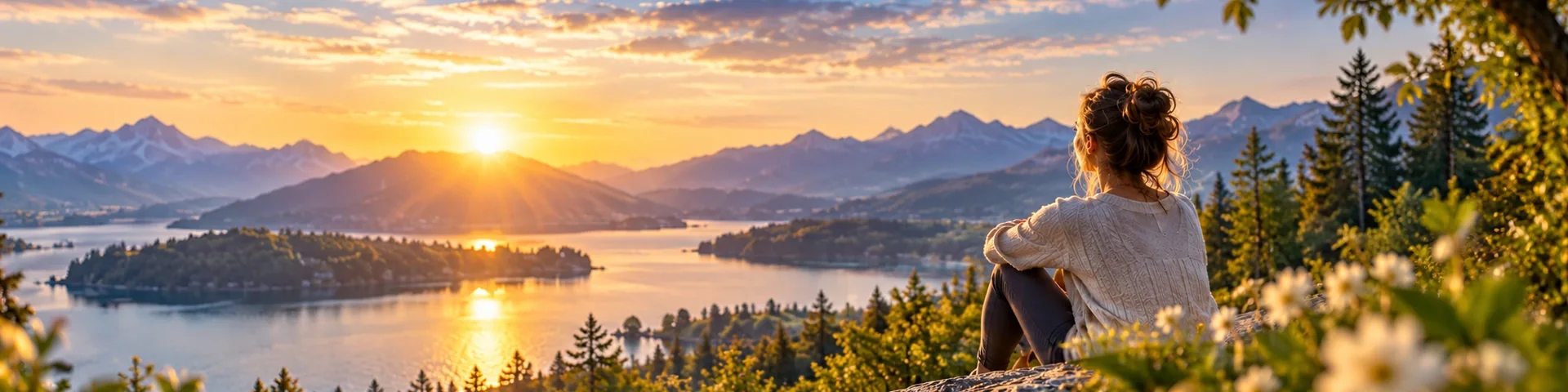 A person sitting by a lake at sunset